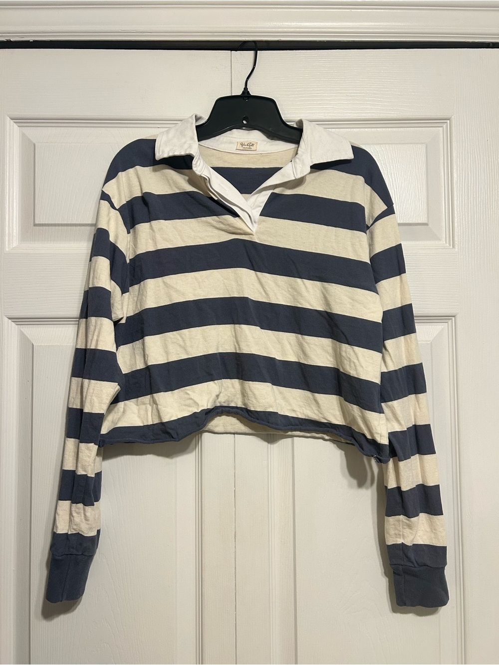 Brandy Melville Navy & Cream Striped Cropped Rugby Top